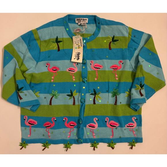 NWT Vtg Jack B. Quick Sweater Blue/Green Tropical Flamingo Women's Size XL - Picture 1 of 6